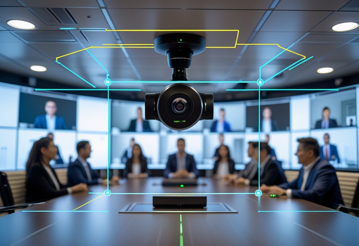 A modern conference room with an AI camera and digital zones highlighting speakers, showing remote attendees on screens engaged in a video call.