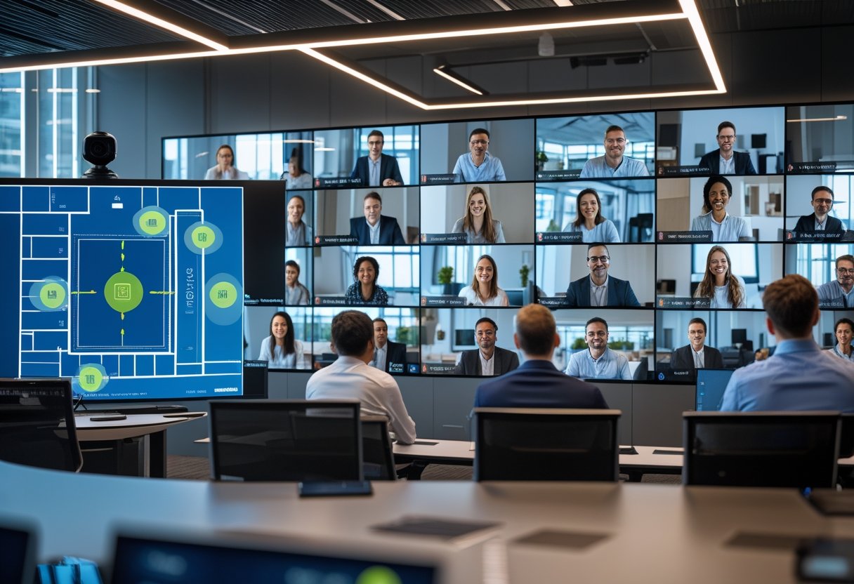 A modern conference room with AI camera zoning displayed on a screen and remote attendees visible on video call monitors.