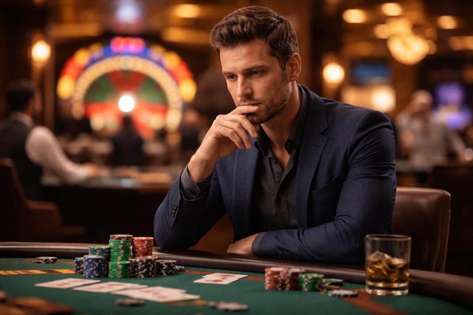 A man sitting at a poker table in a casino, looking thoughtful with poker chips and cards in front of him.