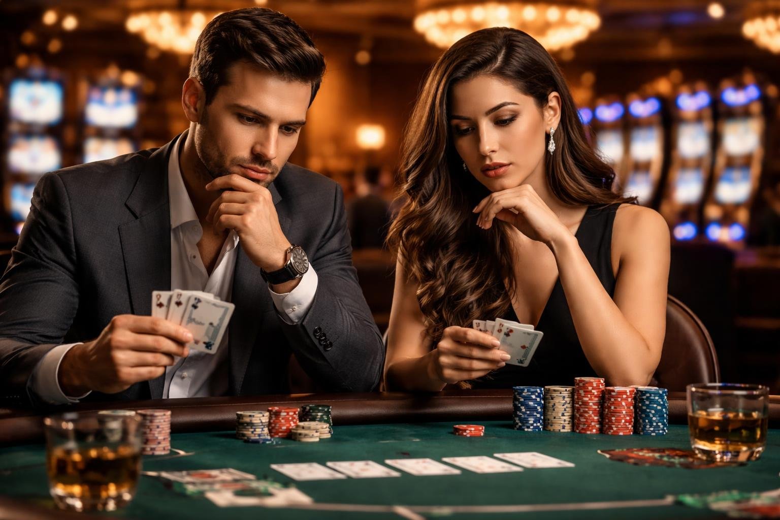 Two people sitting at a poker table in a casino, thoughtfully examining their cards and chips with slot machines and roulette wheels in the background.