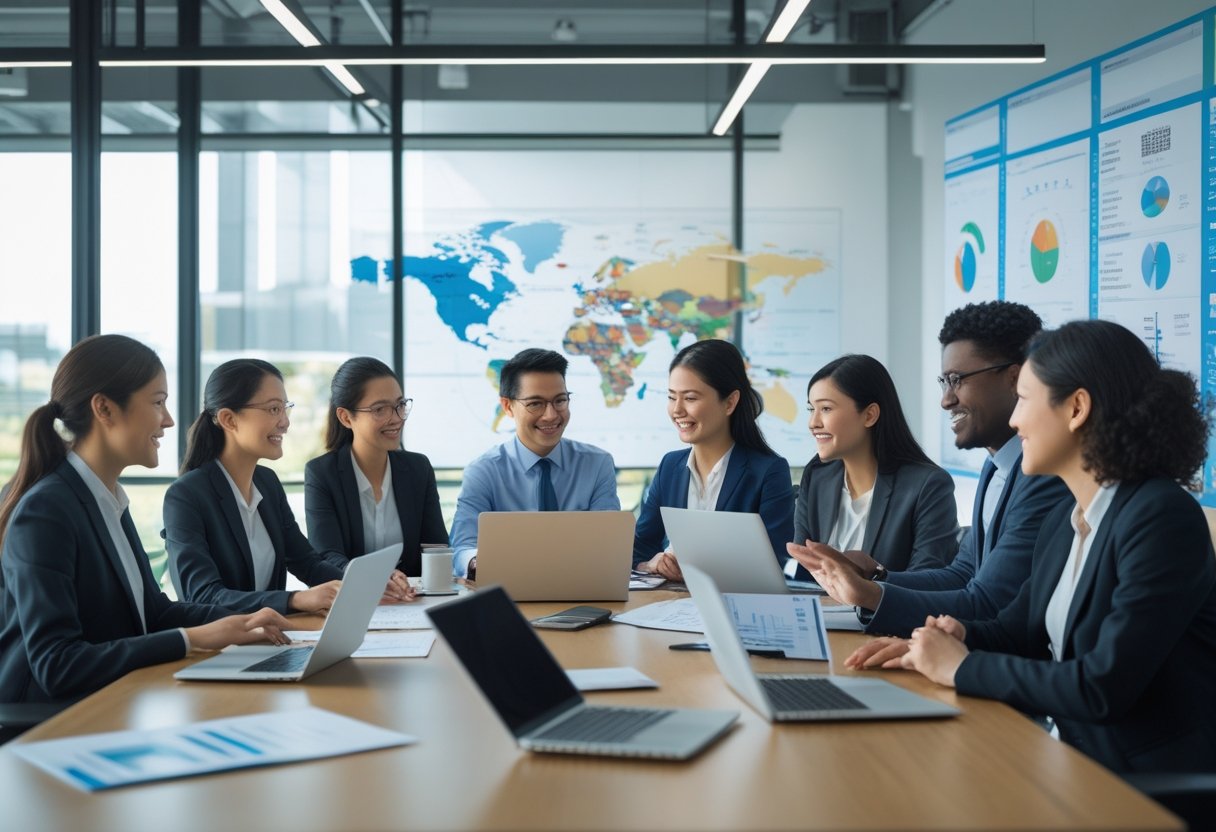 A diverse group of business professionals collaborating around a conference table in a modern office, engaged in discussion and teamwork.
