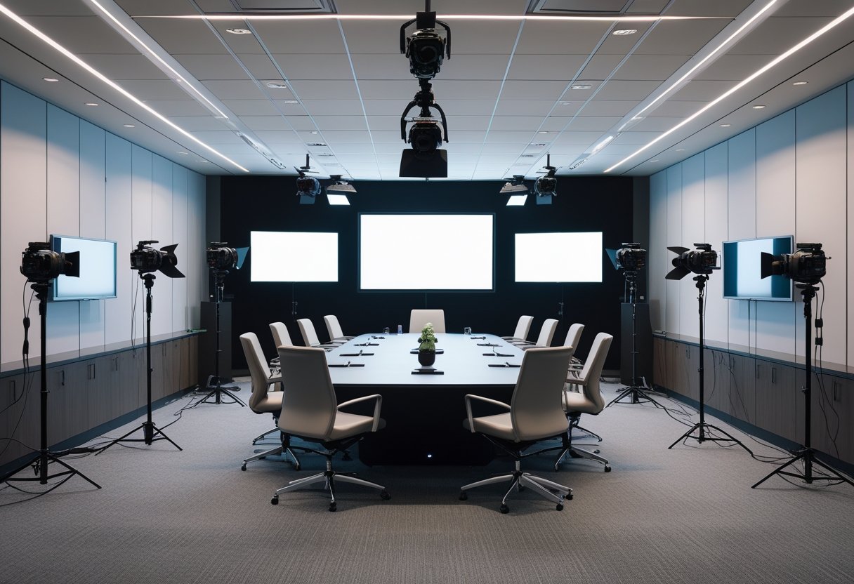 A modern conference room equipped with cameras, studio lights, monitors, and ergonomic chairs arranged around a large table, ready for video production.