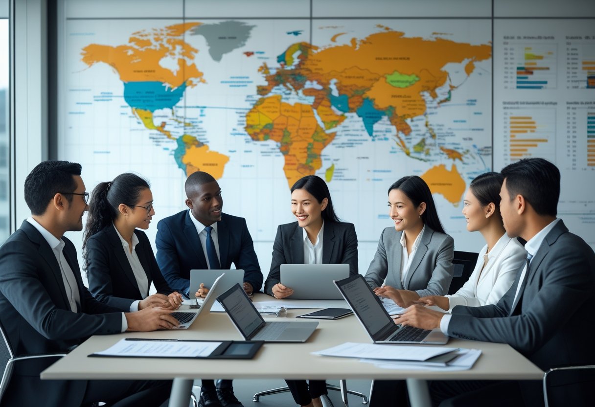 A diverse group of business professionals collaborating around a conference table in a modern office with a world map in the background.