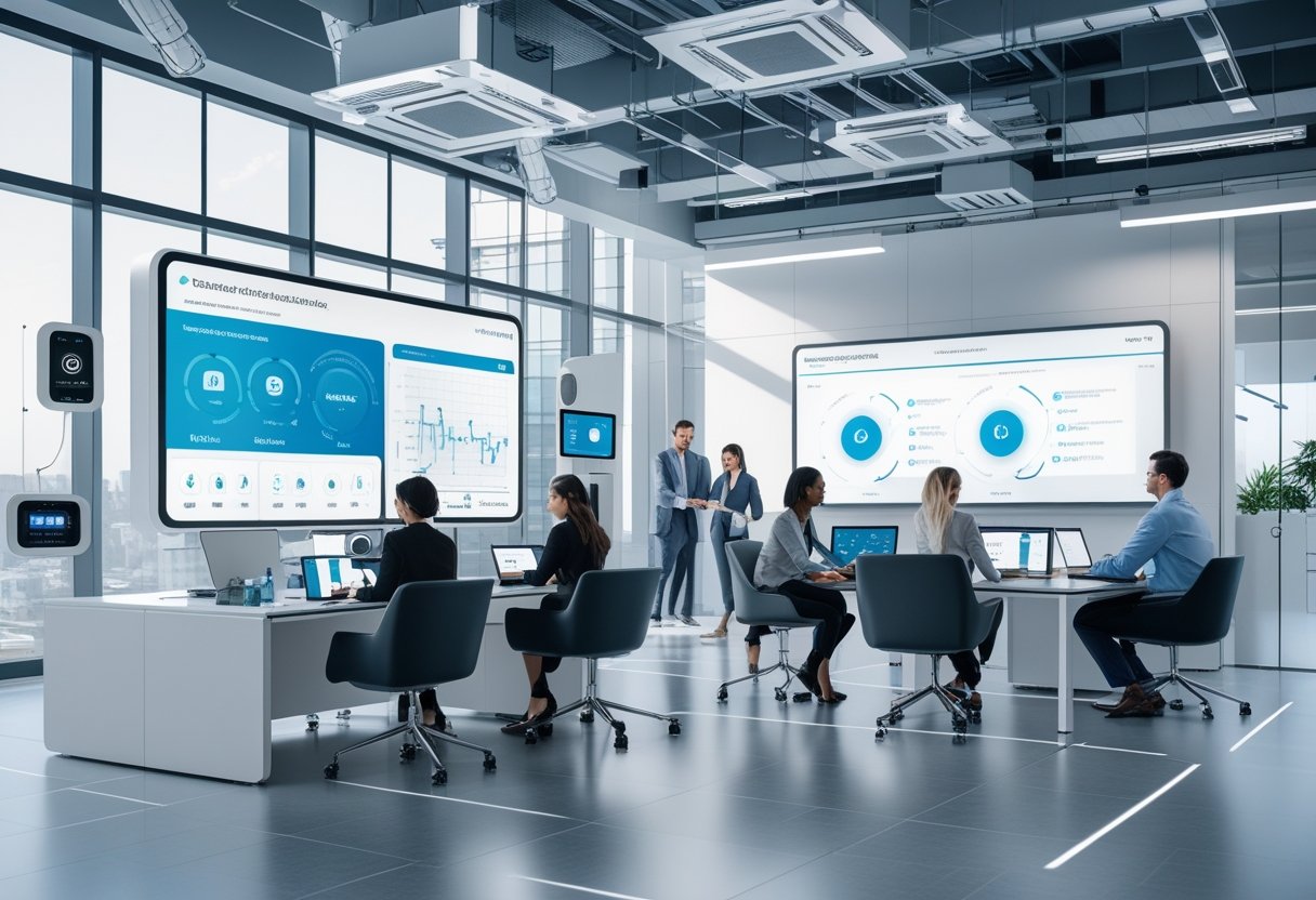 A modern office with professionals using connected digital devices and interactive screens for collaboration and decision-making.