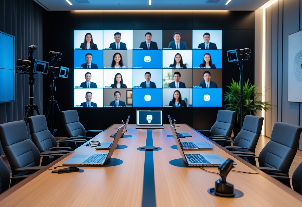 A modern conference room with a large video wall showing remote participants, laptops on the table, and professional audio and video equipment set up for a hybrid meeting.