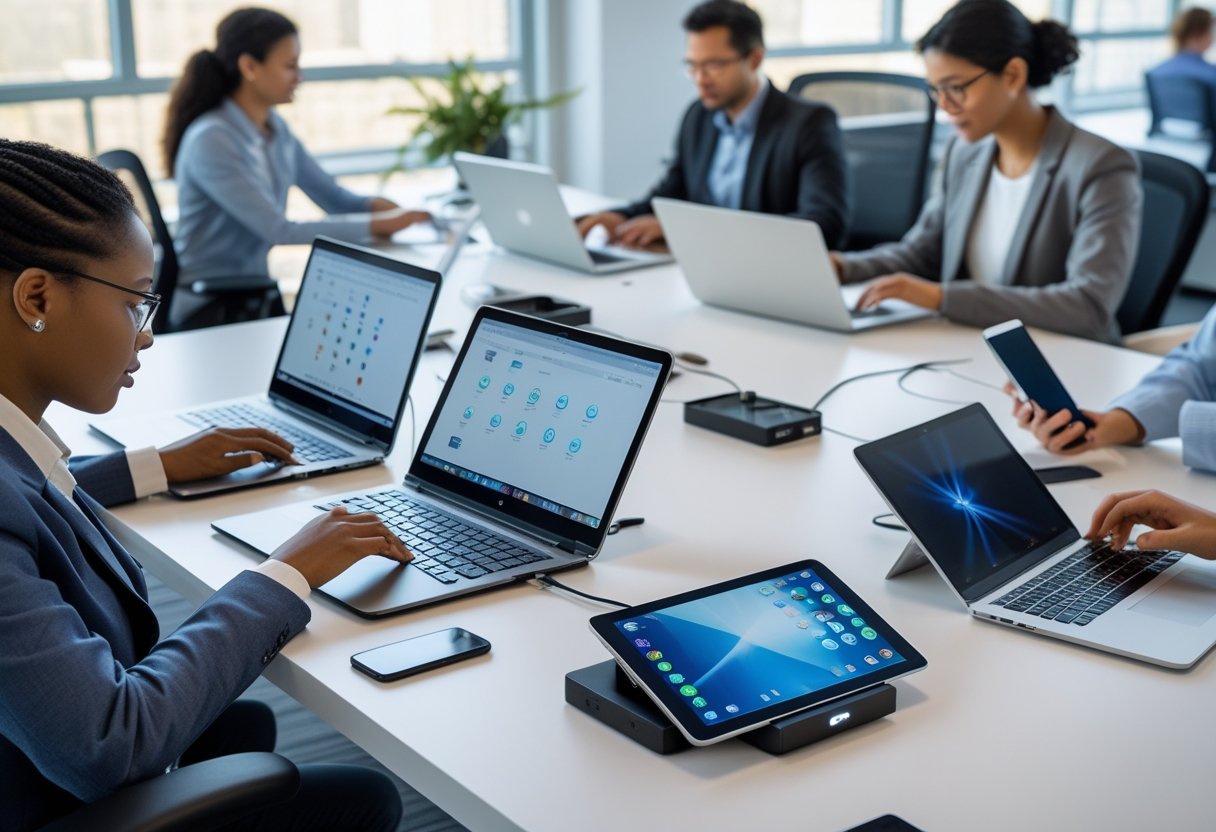 Diverse employees using different personal devices in a modern office, working together seamlessly.