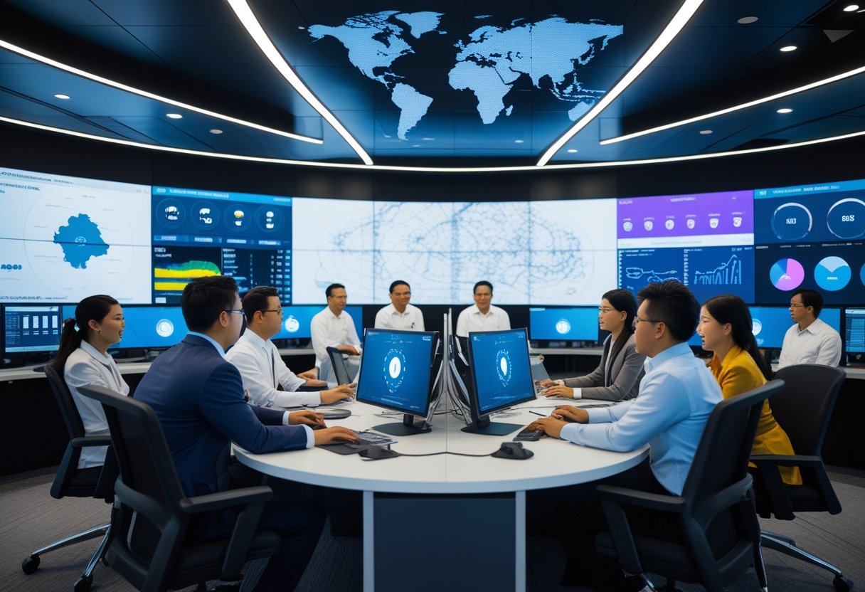 A diverse team working together in a modern command center with multiple large screens displaying data and maps.