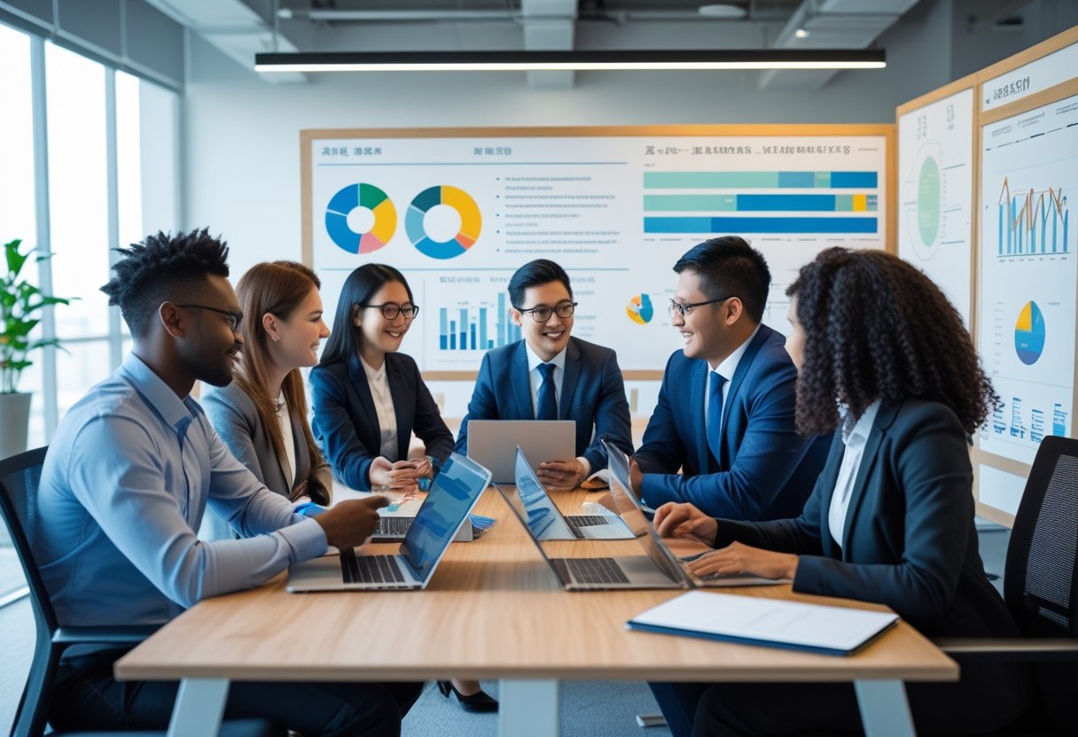 A diverse group of business professionals collaborating around a table with laptops and charts in a modern office.