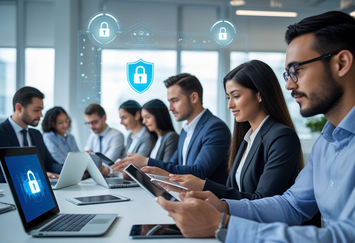 Employees using personal devices in an office, illustrating secure and consistent technology use across multiple platforms.