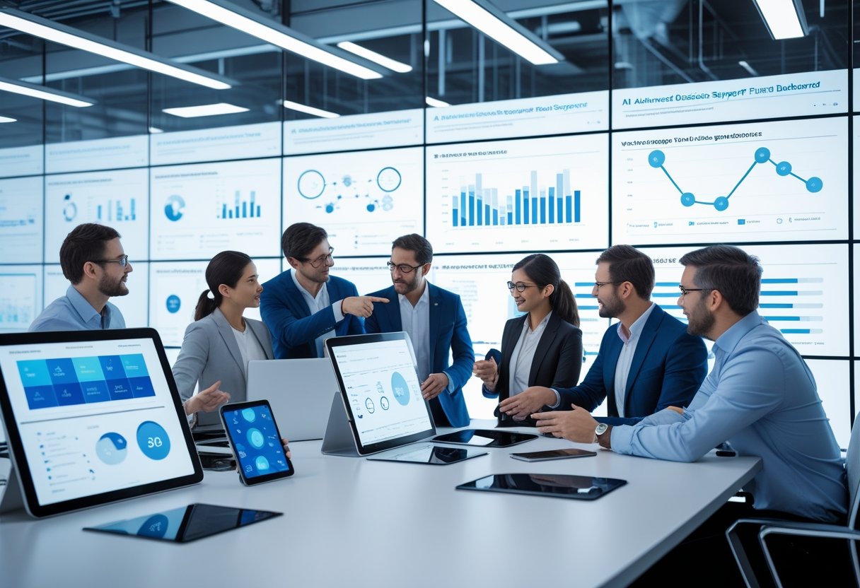 A group of professionals collaborating around a table with multiple digital devices and transparent screens showing data and charts in a modern office.