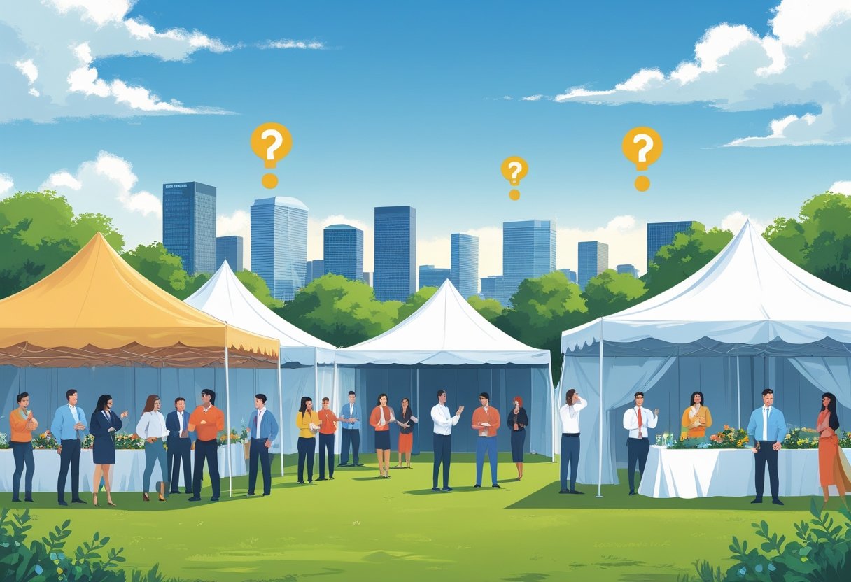 People at an outdoor event struggling with poorly assembled and inadequate tents, with the Houston skyline in the background.