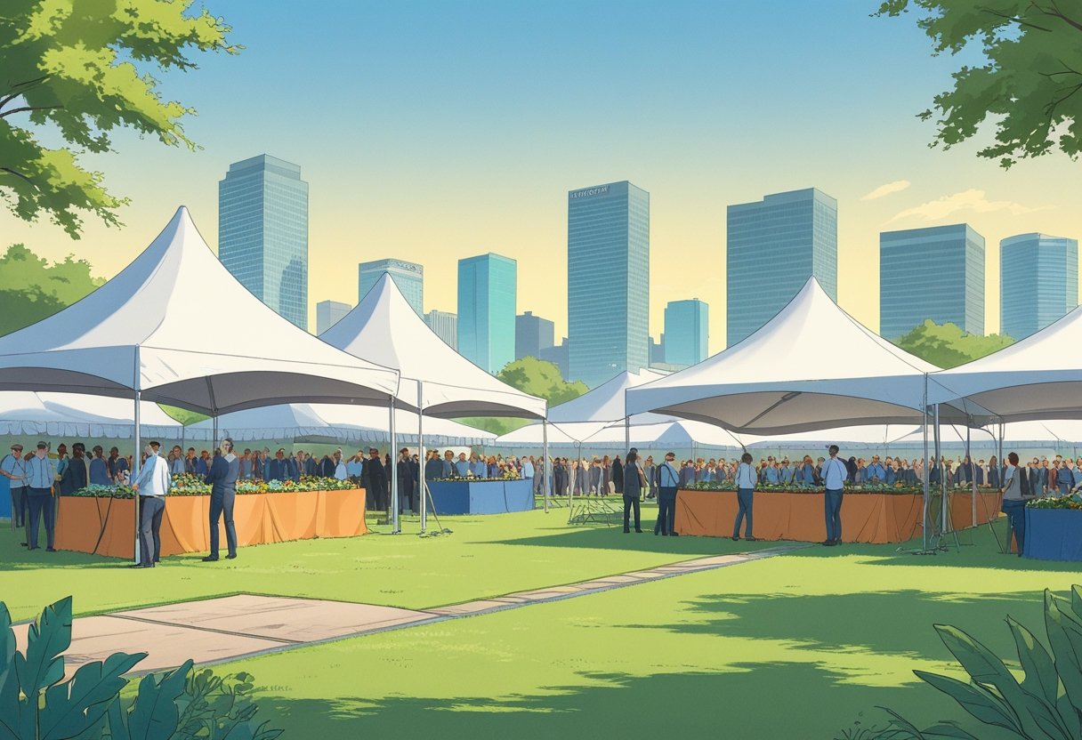 An outdoor event in Houston showing several tents with issues like leaning, overcrowding, and uneven placement, with people trying to fix the problems.