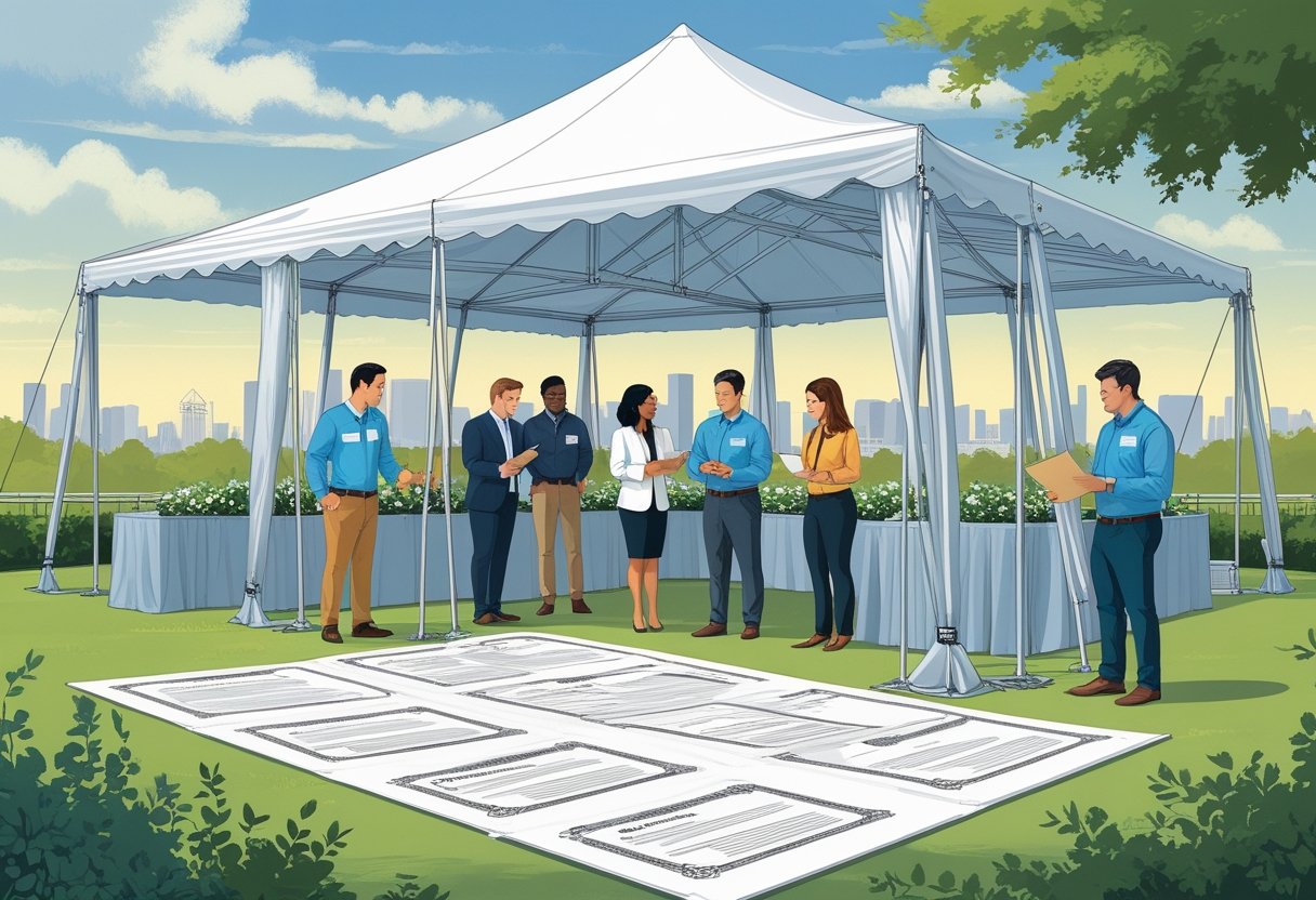 People inspecting a large event tent outdoors with Houston skyline in the background, focusing on tent setup and paperwork.