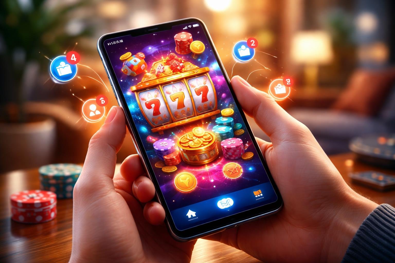 A person holding a smartphone showing a mobile casino app with slot reels and bonus icons, surrounded by glowing notification symbols.