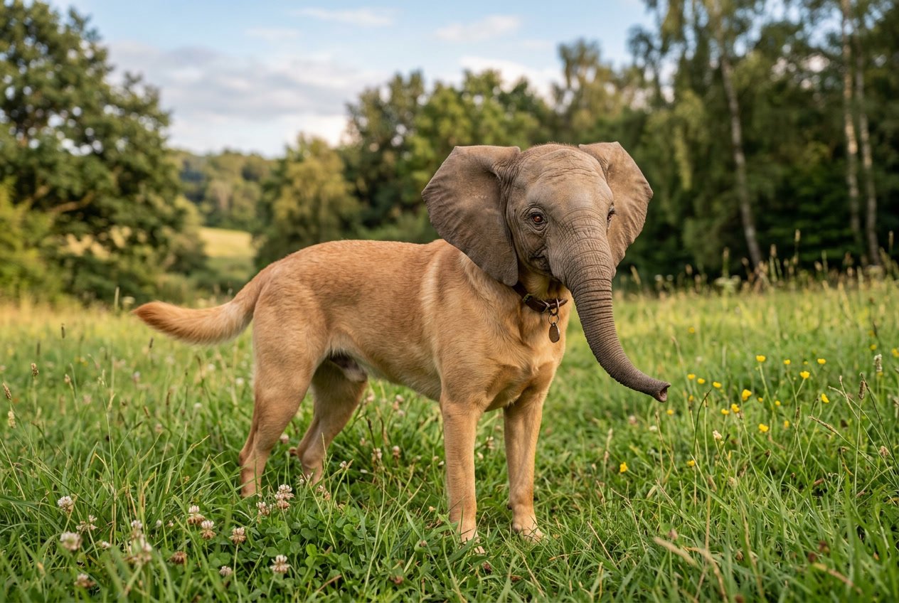 A small animal with the body of a dog and the head of an elephant standing on grass outdoors.