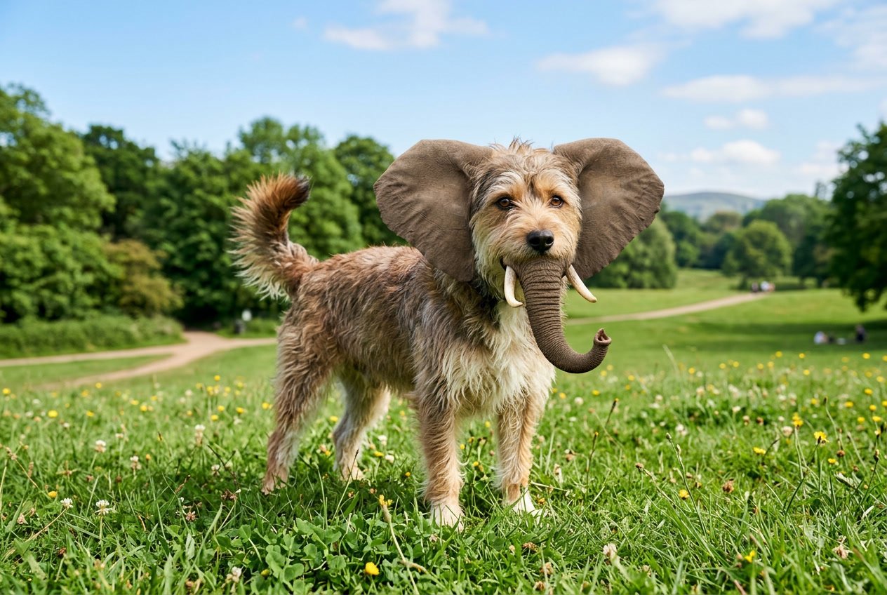 A creature with the body of a dog and the ears and trunk of an elephant standing on grass in a park.