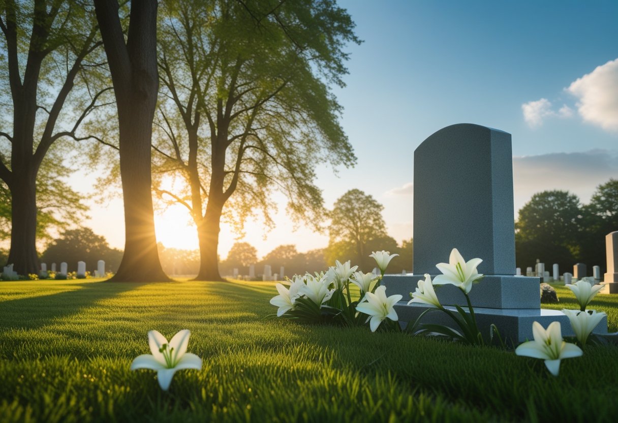 A peaceful cemetery at sunrise with a headstone surrounded by white lilies and trees under a clear sky.