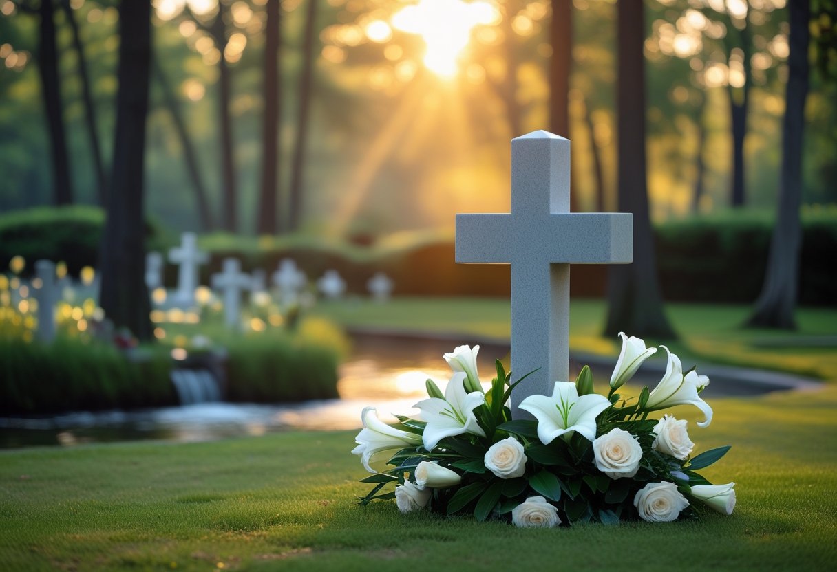 A peaceful cemetery scene with a stone cross surrounded by white flowers and soft sunlight filtering through trees.