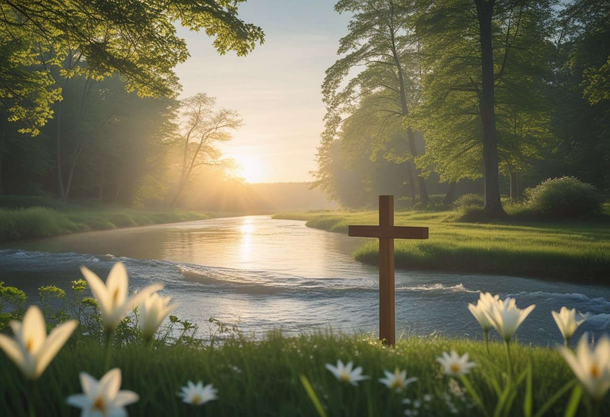 A peaceful natural landscape with a wooden cross on a grassy hill near a calm river, surrounded by trees and soft sunlight.
