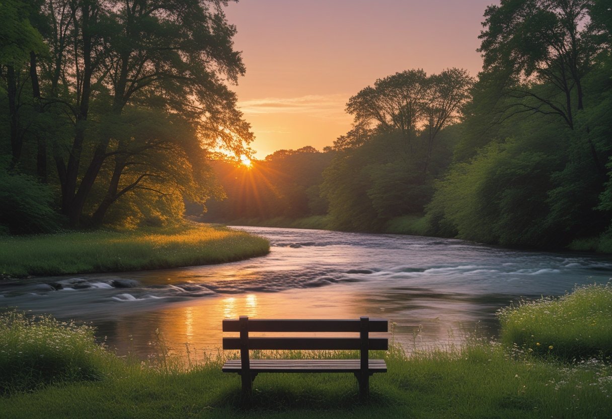 A peaceful riverside scene at sunset with a wooden bench facing calm water surrounded by trees and wildflowers.