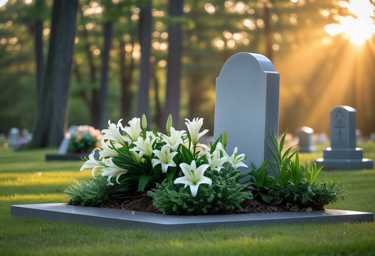 A peaceful cemetery scene with a grave decorated with white lilies and surrounded by trees under warm sunlight.