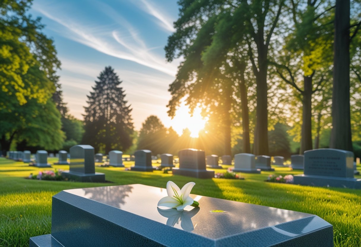 A peaceful cemetery at sunrise with headstones, green grass, blooming flowers, and sunlight filtering through trees.