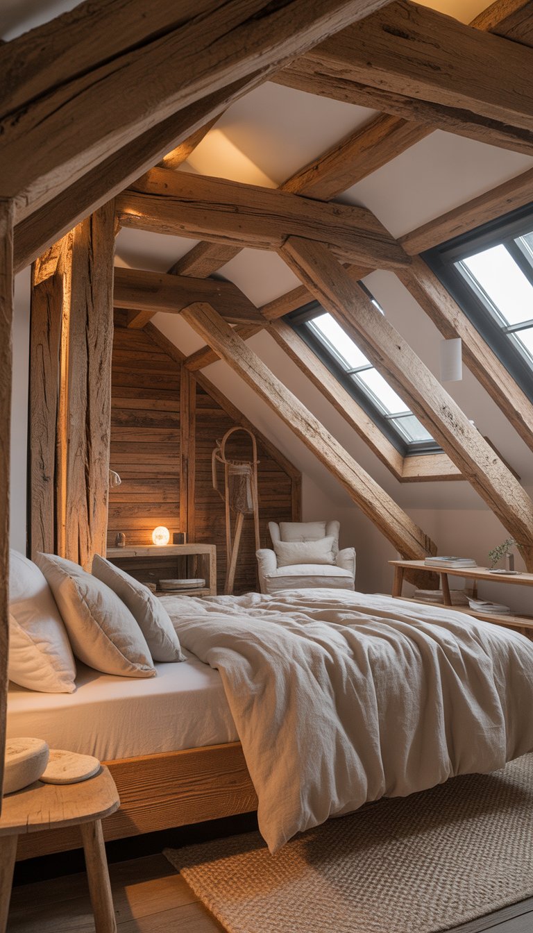 A bedroom with exposed wooden beams, a neatly made bed, and warm natural lighting.