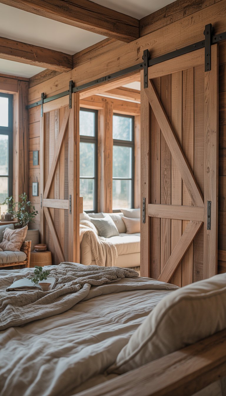 A cozy loft bedroom with sliding barn doors, a comfortable bed, wooden beams, and natural light coming through large windows.
