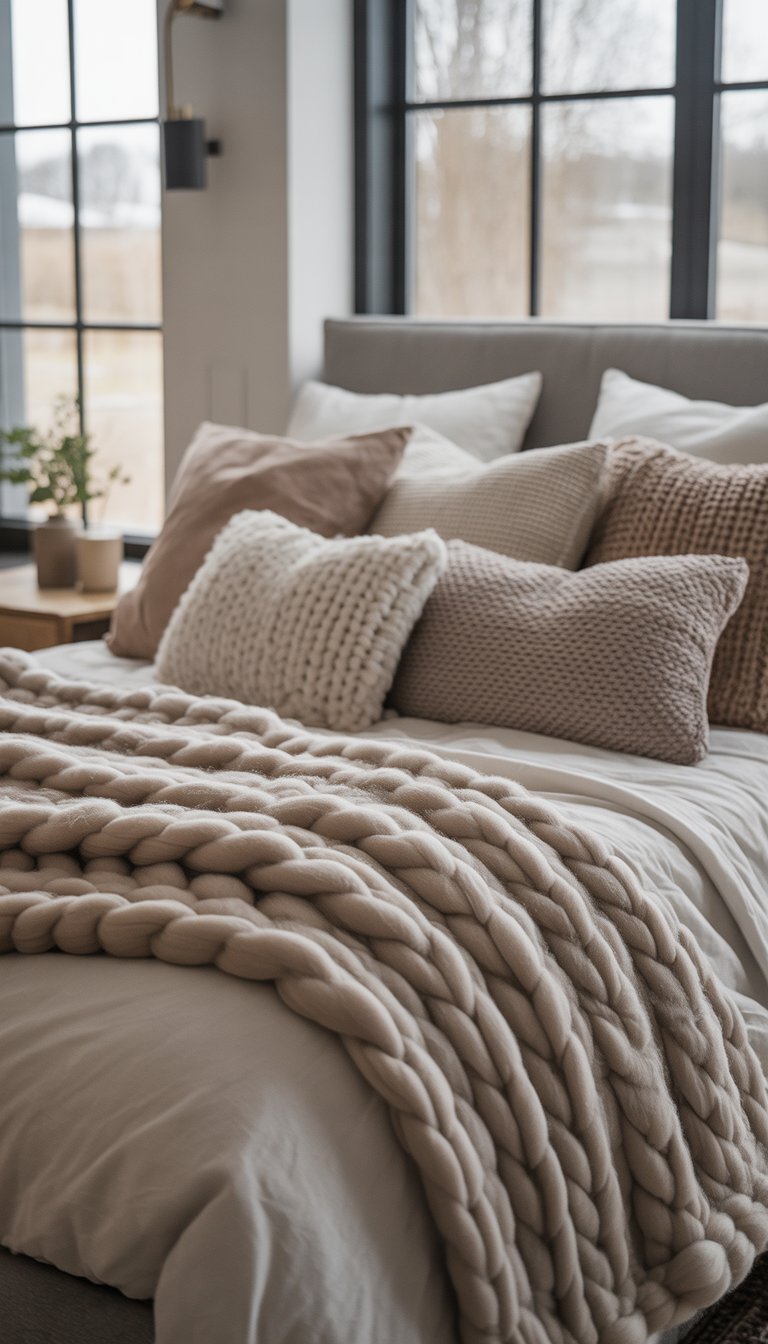 A bedroom with a bed covered in chunky knit blankets and soft throw pillows, illuminated by natural light from large windows.