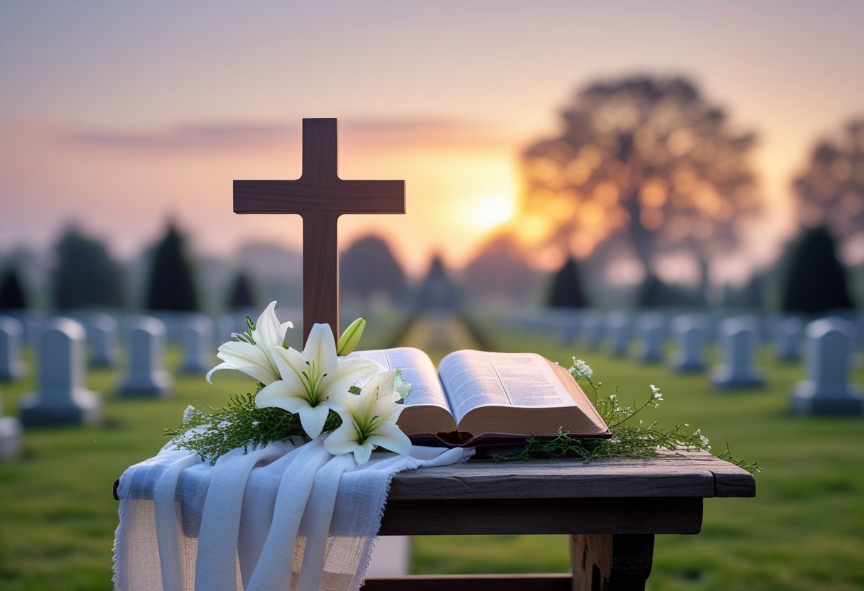 A peaceful outdoor scene with a wooden cross, an open Bible on a white cloth, white lilies, and a soft sunrise or sunset sky in the background.