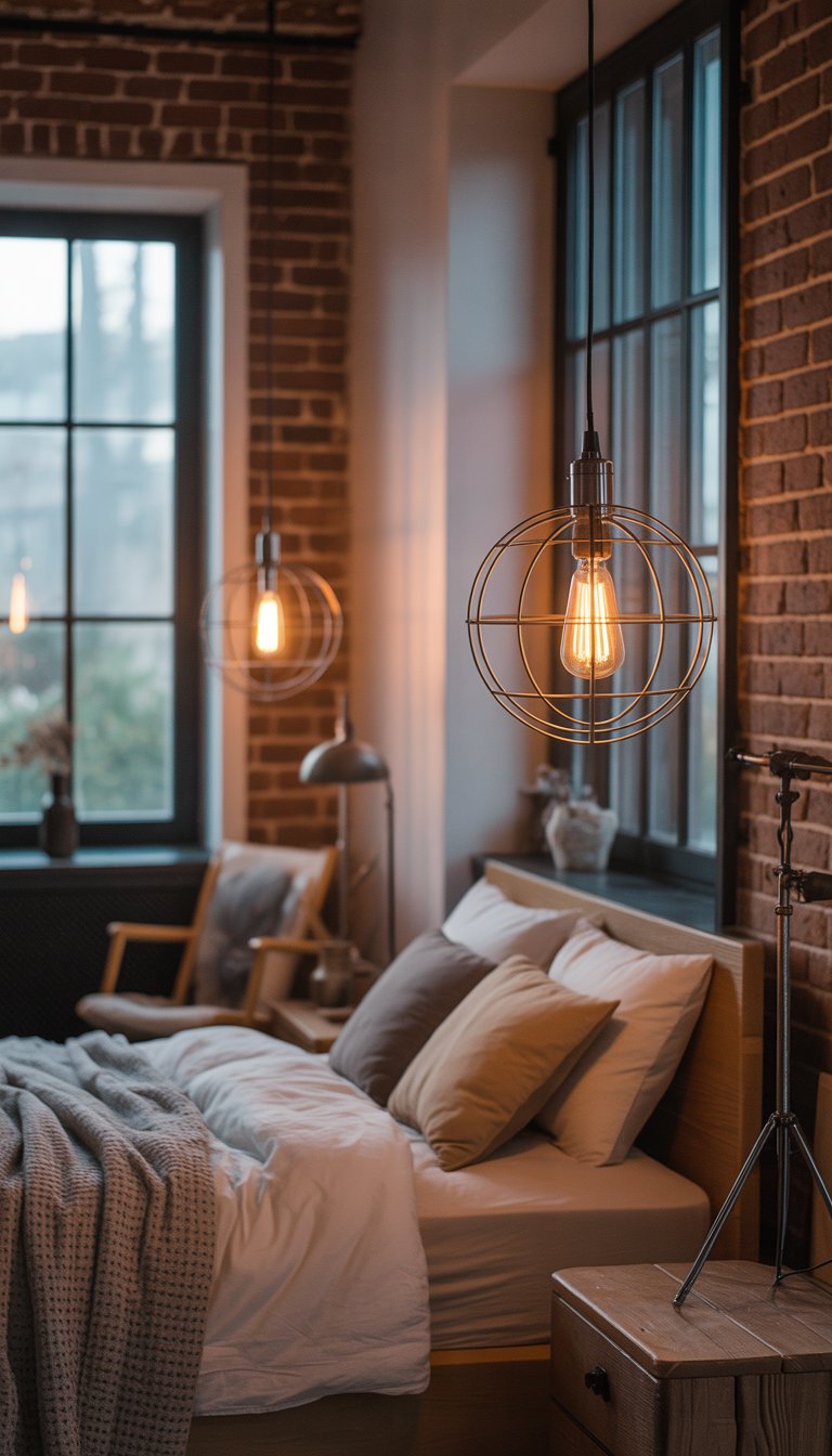 A cozy bedroom with exposed brick walls, a comfortable bed, warm glowing hanging lights, and wooden furniture.