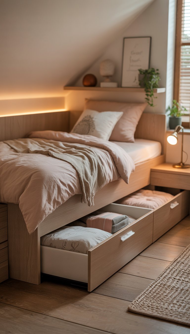 A bedroom with a built-in bed and an open trundle drawer underneath, showing organized storage in a well-lit room.