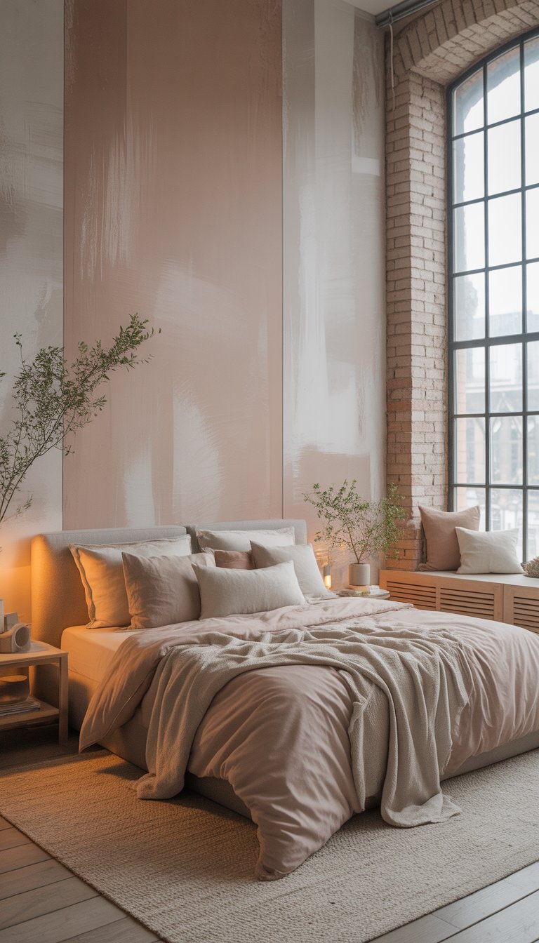 A bedroom with soft neutral-colored walls, a comfortable bed, exposed brick wall, large windows, wooden furniture, and plants.