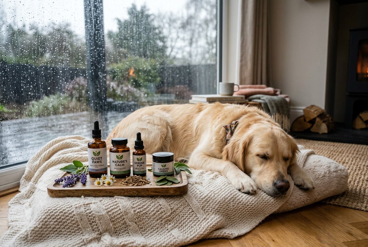 A calm dog resting indoors on a blanket with natural pet supplements nearby and a rainy window in the background.