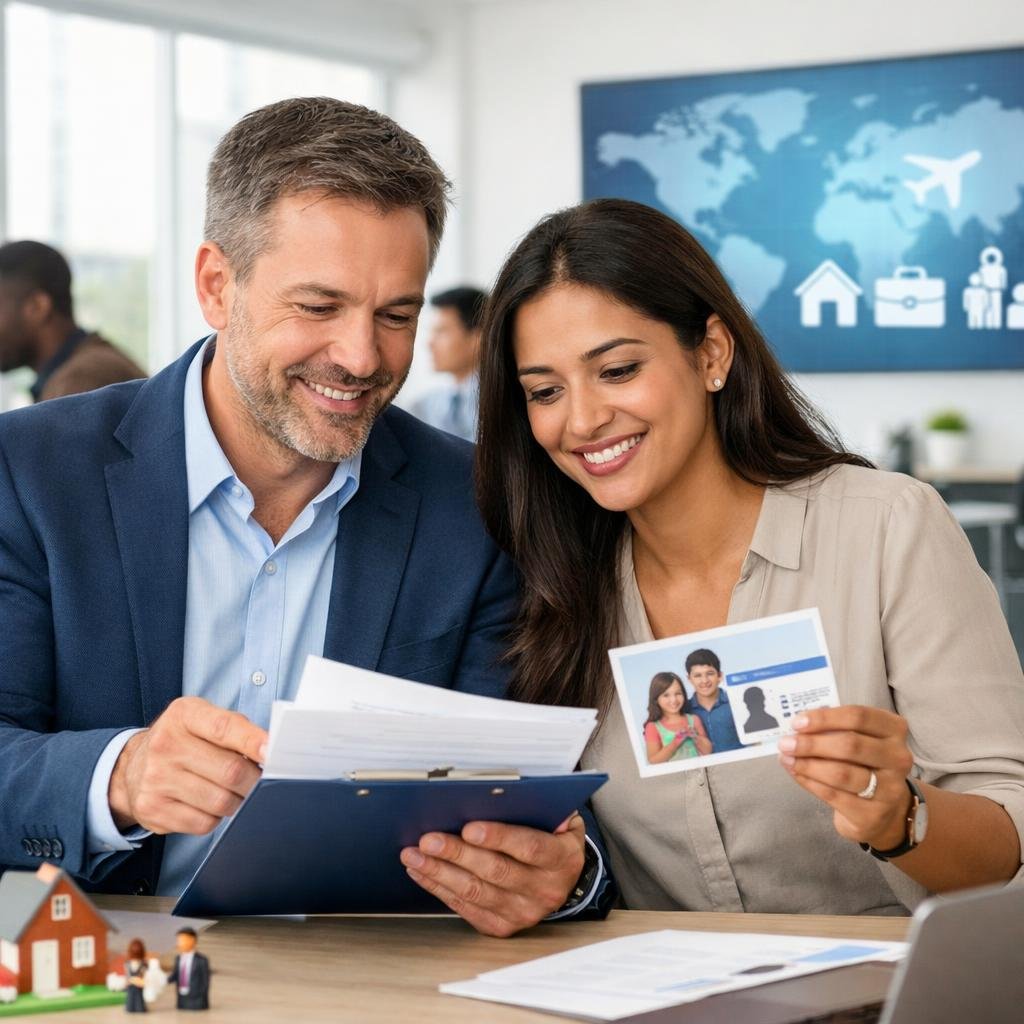 En grupp människor i ett kontor som diskuterar dokument tillsammans.