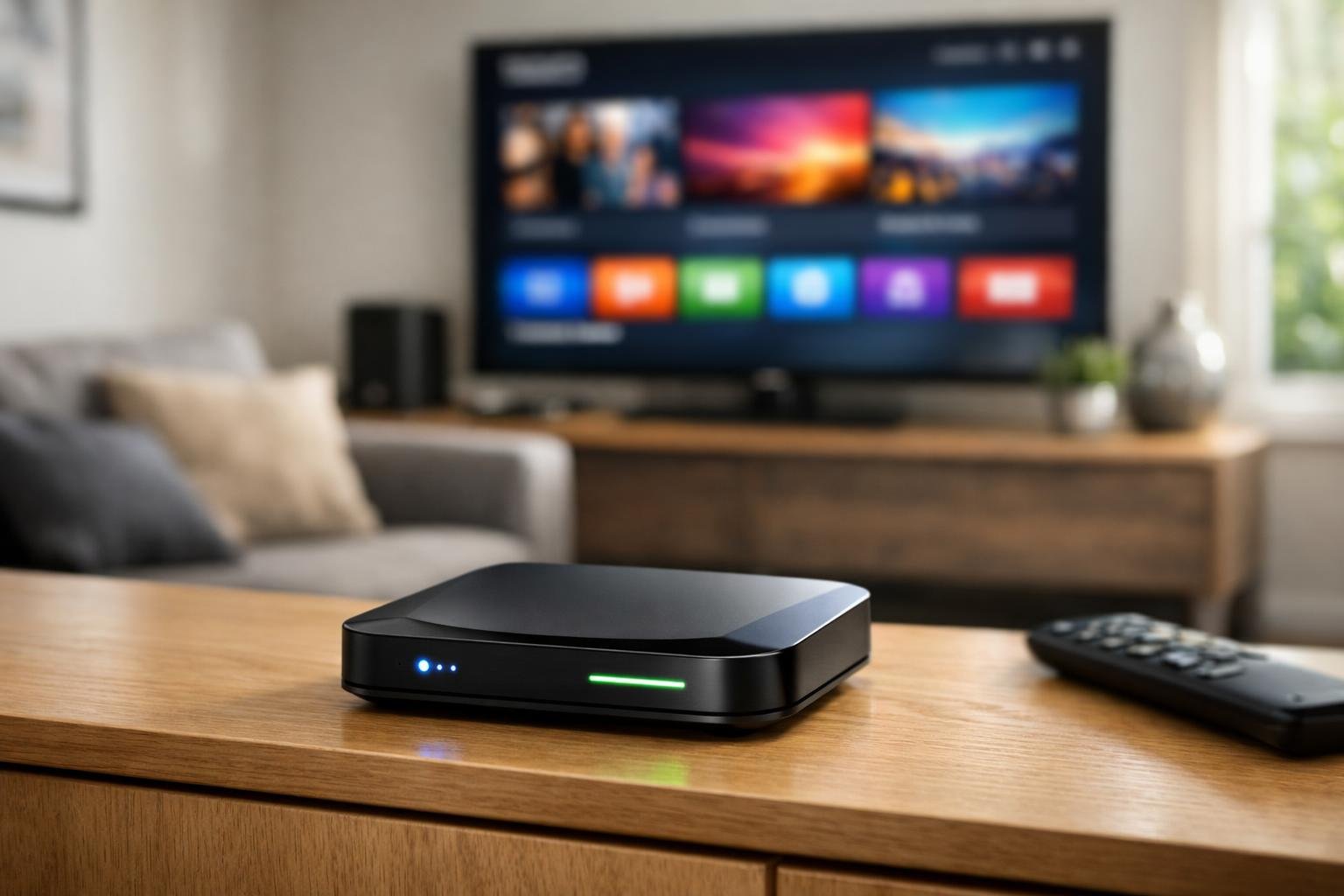 Ett modernt vardagsrum med en IPTV-spelare på ett mediakonsol och en stor TV på väggen.