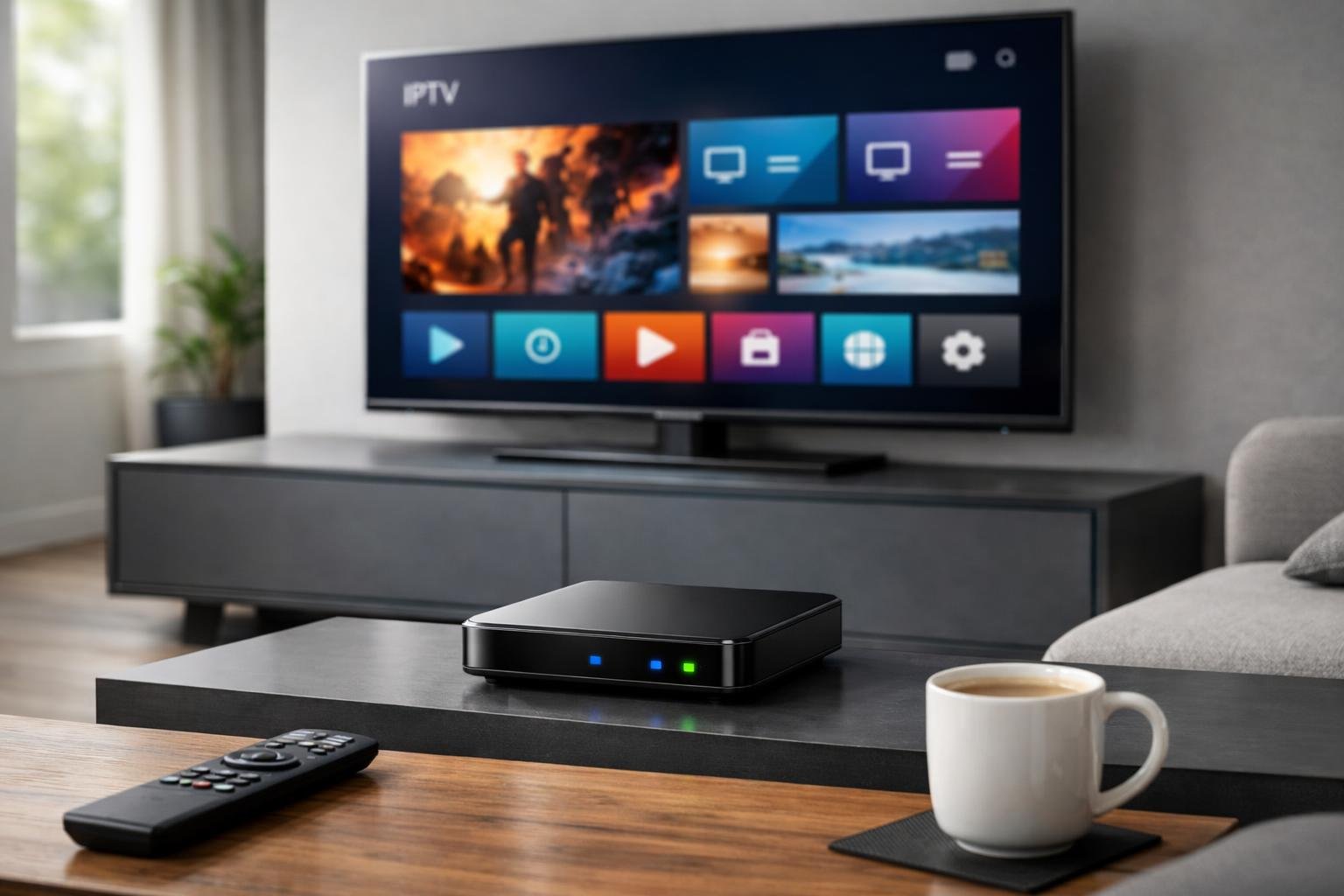 Ett vardagsrum med en stor platt-TV och en modern IPTV-spelare på en mediekonsol, med bekväma sittplatser och naturligt ljus från ett fönster.