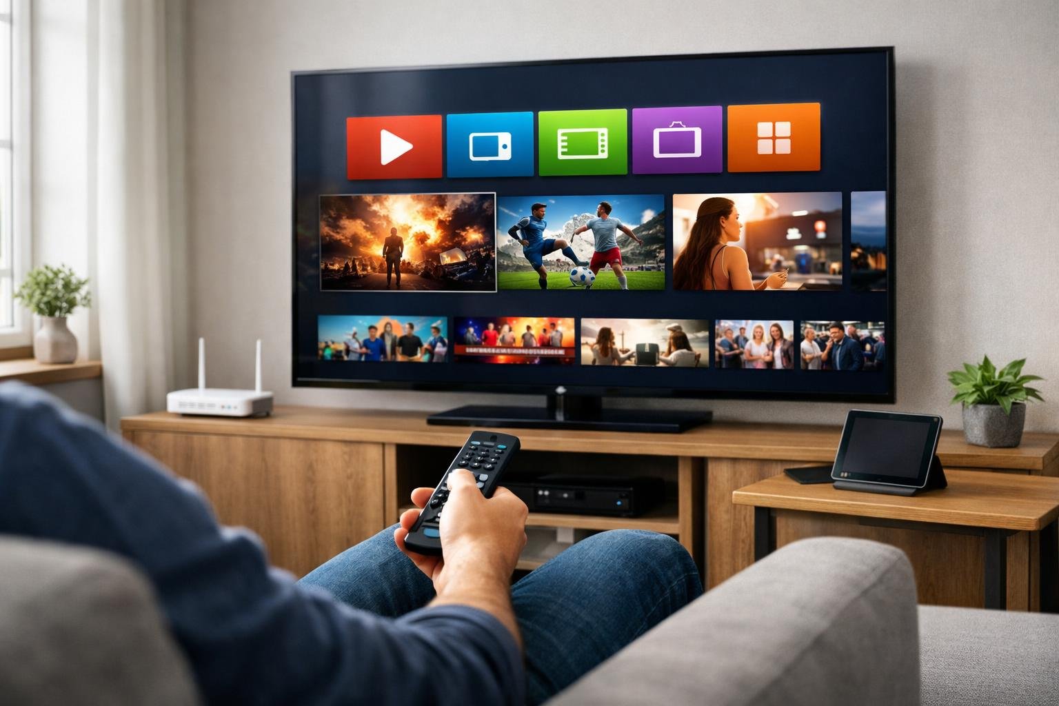 Ett vardagsrum med en stor TV och en person som håller en fjärrkontroll, som använder en IPTV-spelare.