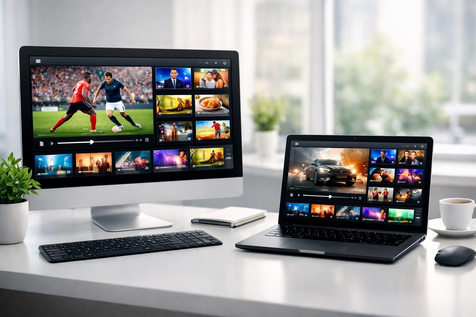 Ett modernt arbetsbord med en stationär dator och en bärbar dator som visar IPTV-spelargränssnitt i ett ljust kontor.