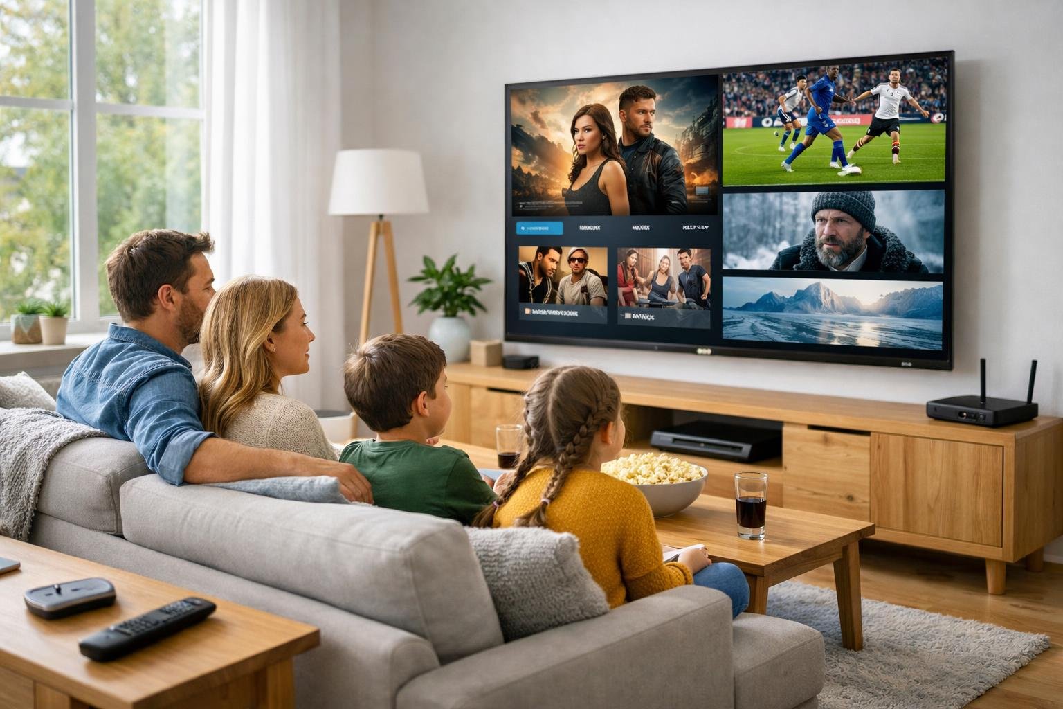 En familj som sitter i ett modernt vardagsrum och tittar på en stor TV med färgstarkt innehåll.