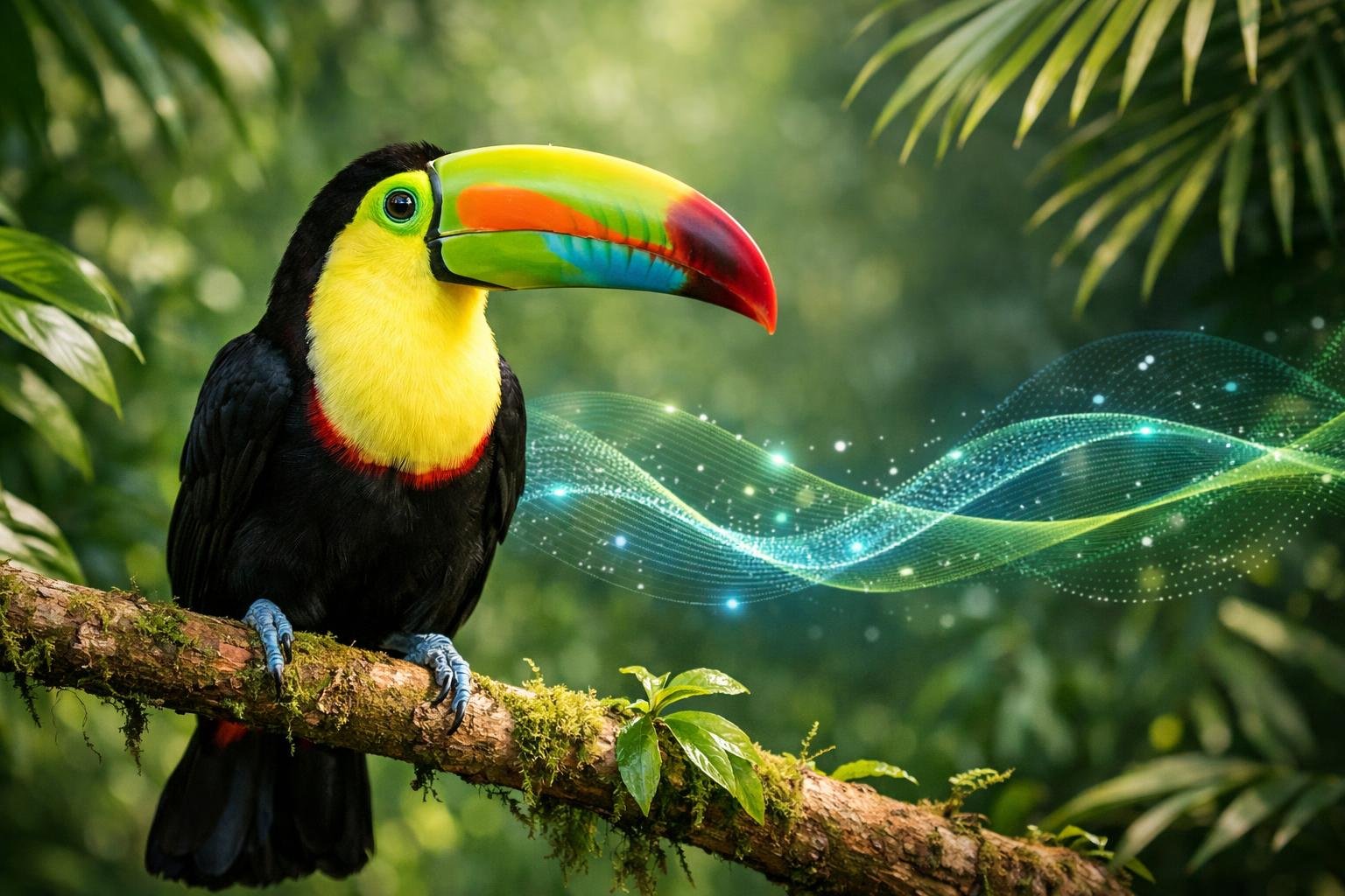 En färgstark toucan sitter på en gren med grönska runt omkring.