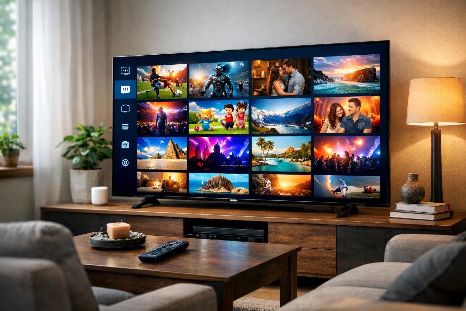 Ett modernt vardagsrum med en stor tv som visar en färgstark IPTV-gränssnitt med olika kanaler och innehåll, omgiven av bekväma möbler och naturligt ljus.