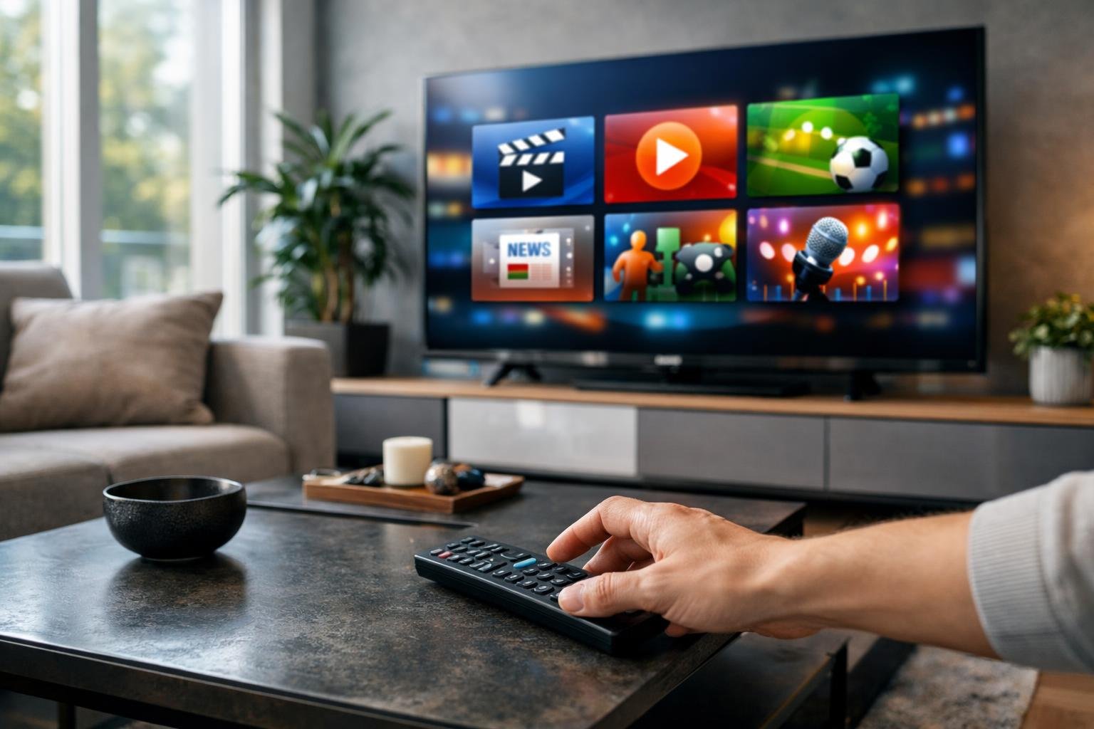 Ett modernt vardagsrum med en stor tv som visar färgglada streamingikoner och en hand som når mot en fjärrkontroll på ett soffbord.