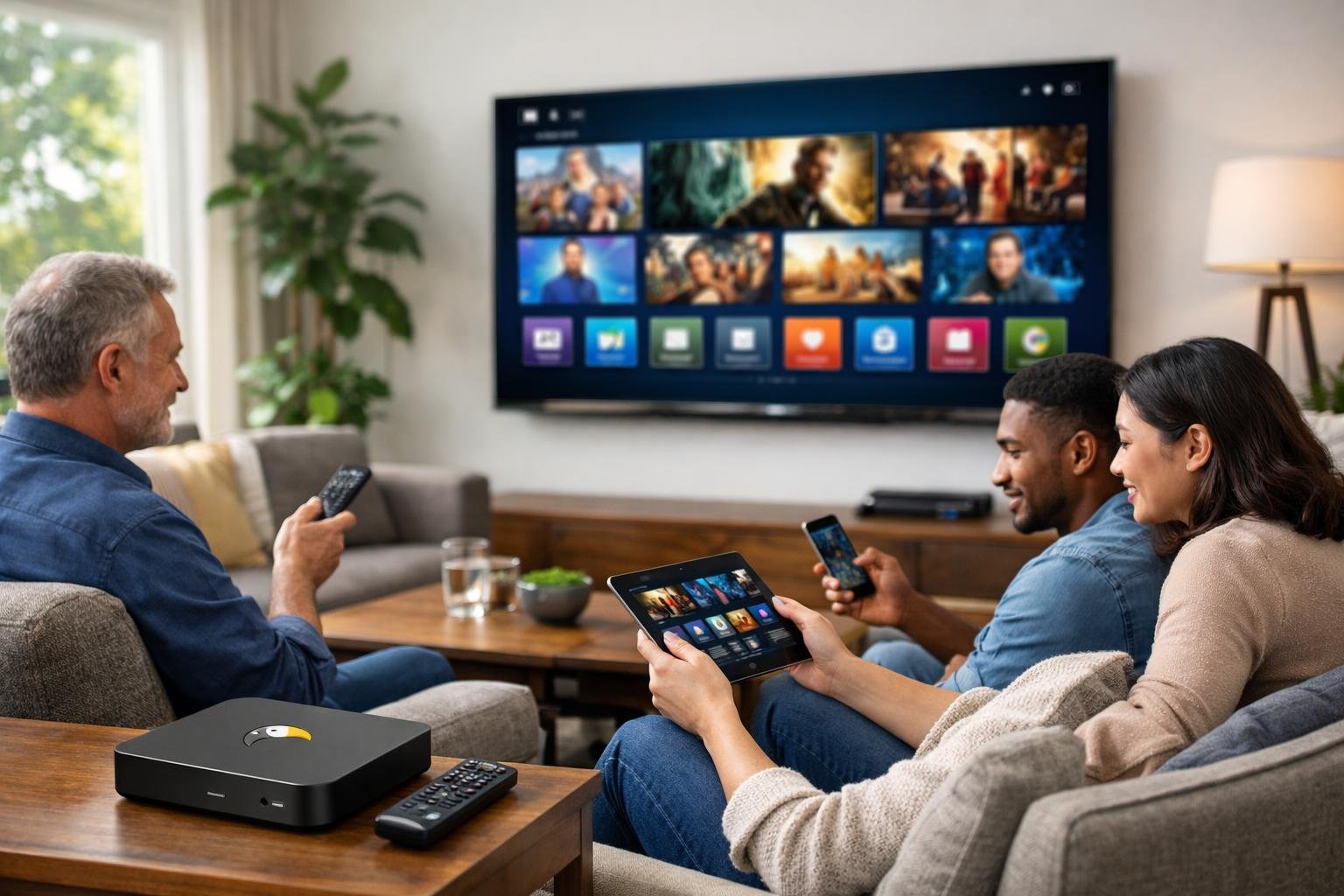 En grupp människor i ett vardagsrum med en stor smart-tv och flera enheter som surfplatta och smartphone, som visar en strömmande underhållningstjänst.