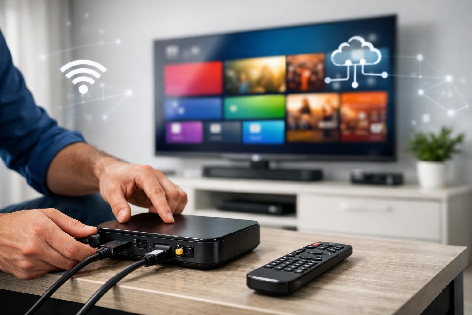 En person installerar och konfigurerar en IPTV-enhet i ett modernt vardagsrum med en stor TV och teknisk utrustning.
