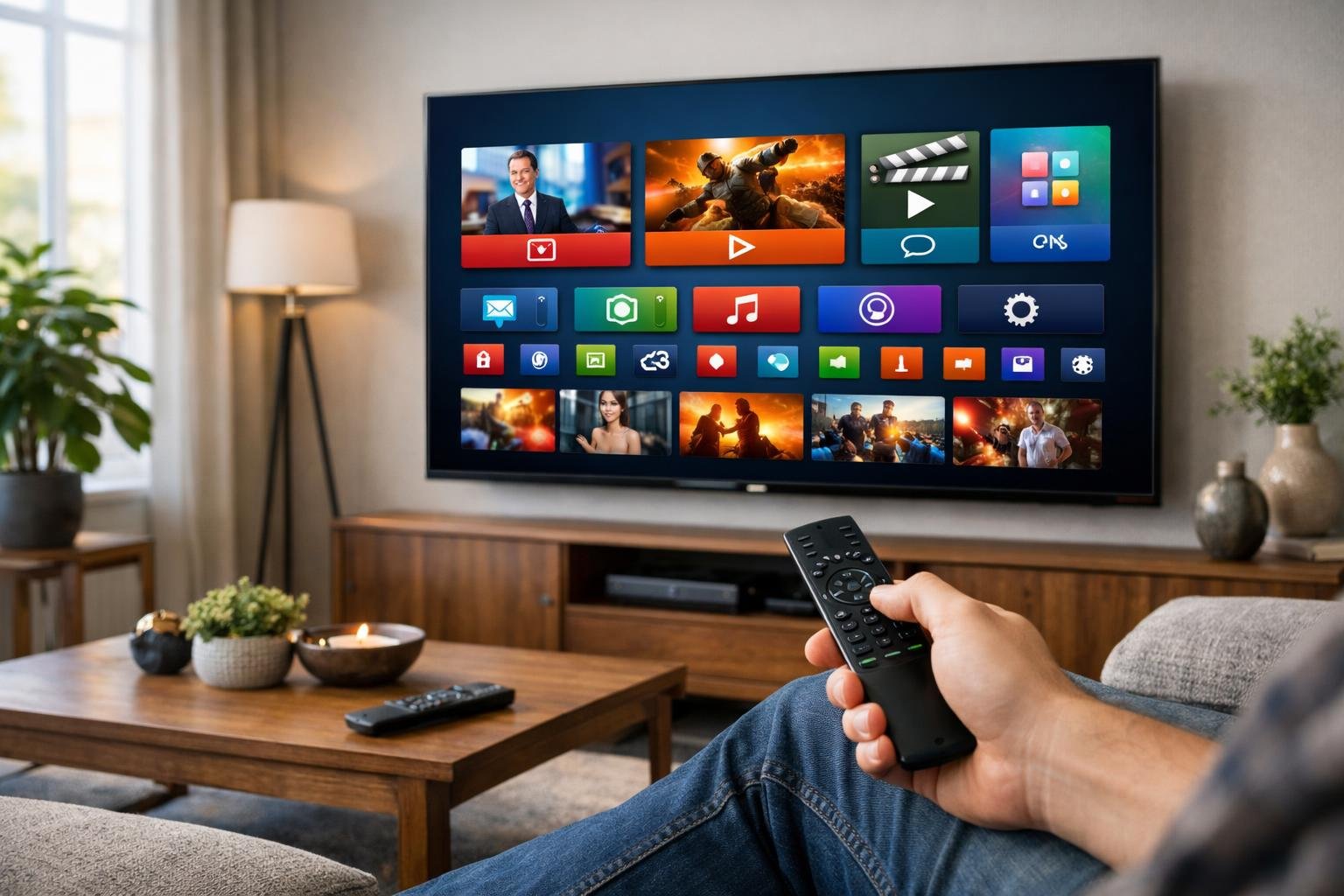 En person sitter i ett modernt vardagsrum och använder en fjärrkontroll för att styra en stor smart TV med IPTV-tjänst.