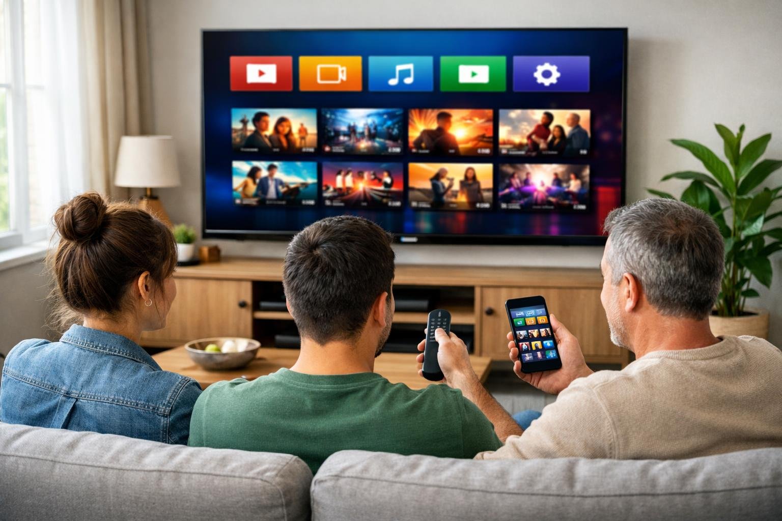 En modern vardagsrumsmiljö med en stor smart-TV och två personer som använder fjärrkontroll eller smartphone för att styra tv.