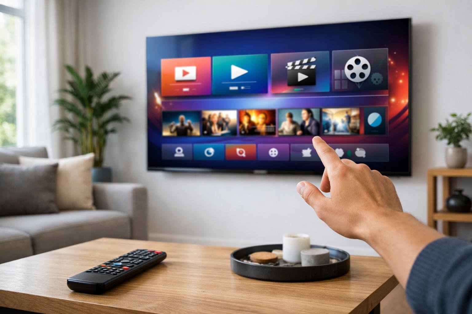 Ett modernt vardagsrum med en stor smart-tv som visar en färgstark användargränssnitt för Smart IPTV, med en hand som sträcker sig mot fjärrkontrollen.