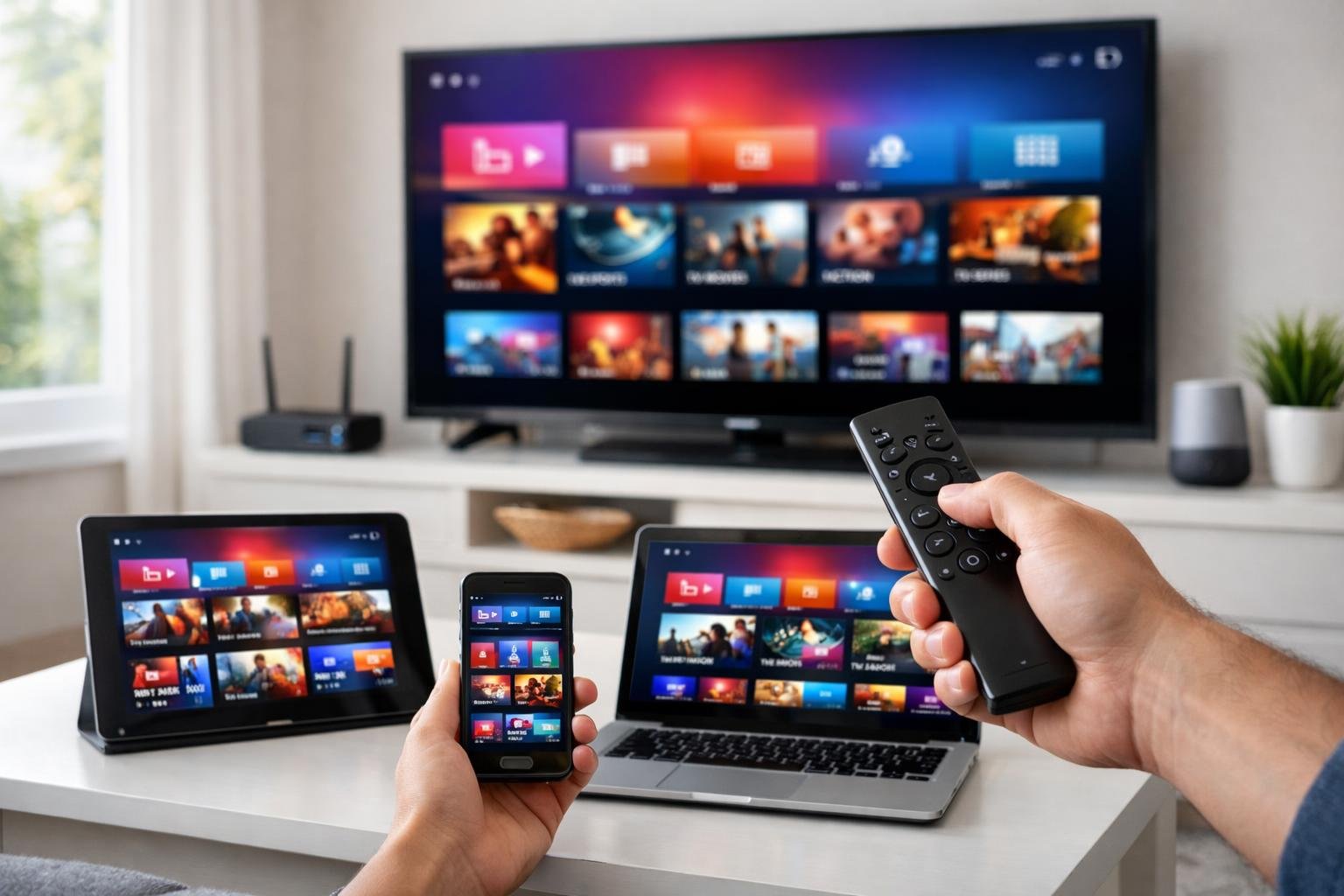 En person installerar Smart IPTV på olika enheter i ett modernt vardagsrum med en stor TV, surfplatta, smartphone och laptop.