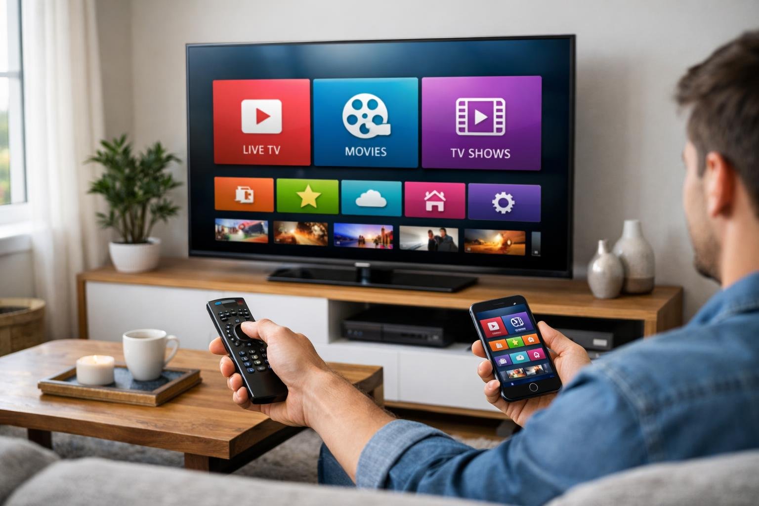 En person som använder en fjärrkontroll för att konfigurera Smart IPTV på en stor tv i ett modernt vardagsrum.